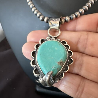 Navajo Blue Turquoise Pendant Necklace | Sterling Silver Pearls | Authentic Native American Handmade | 15656