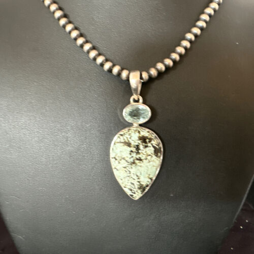 Navajo Dry Creek Turquoise Topaz Pendant Necklace | Sterling Silver | Authentic Native American Handmade | 16314