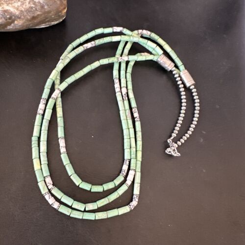 Navajo Pearls Green Turquoise Necklace | Sterling Silver | Authentic Native American Handmade | 3S 17395