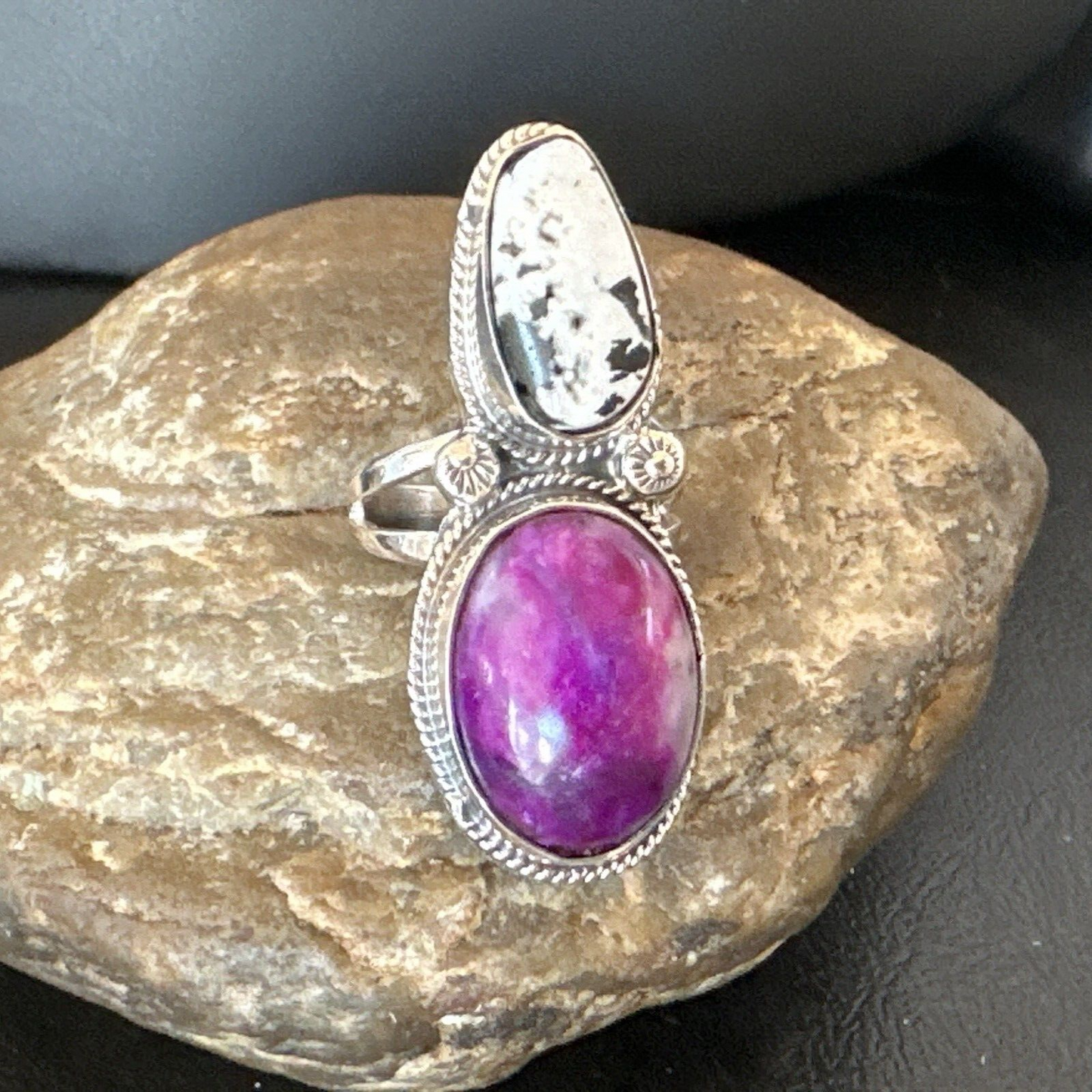 Navajo White Buffalo Turquoise Sugilite Ring | Authentic Native American Sterling Silver | Multi-Stone | Sz 9.5 | 16718