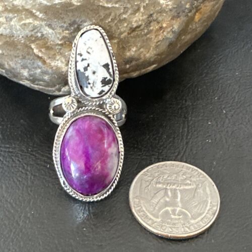 Navajo White Buffalo Turquoise Sugilite Ring | Authentic Native American Sterling Silver | Multi-Stone | Sz 9.5 | 16718
