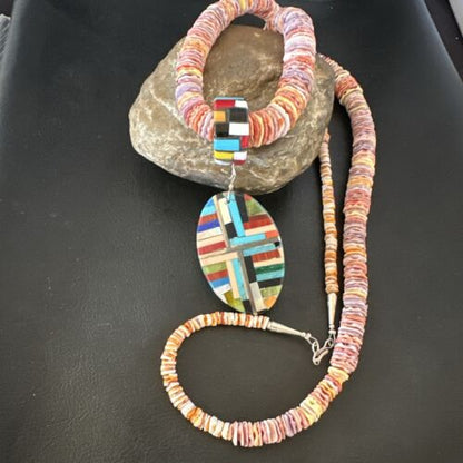 Santo Domingo Multi-Color Spiny Inlay Pendant Necklace | Sterling Silver | 32" | 16854