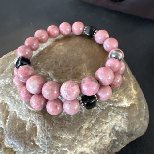 Navajo Pink Rhodochrosite Memory Wire Bracelet | Stainless Steel | Authentic Native American Handmade | 17623