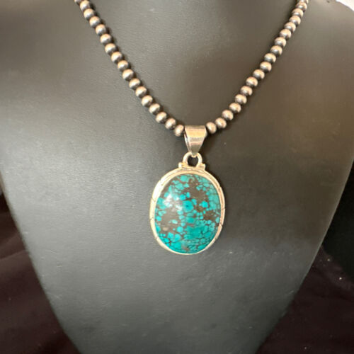 Men's Navajo Blue Spiderweb Turquoise Pendant Necklace | Sterling Silver | Authentic Native American Handmade | 16196