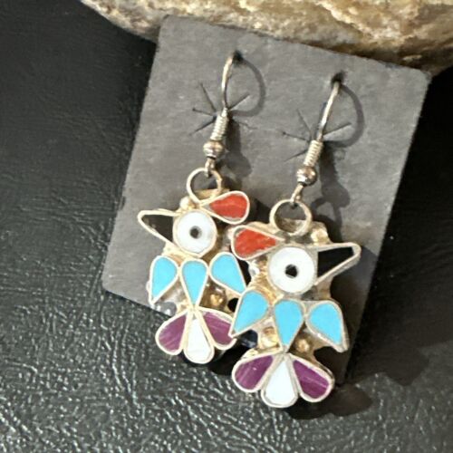 Zuni Peyote Bird Earrings | Coral Turquoise Onyx Inlay | Sterling Silver | 17137