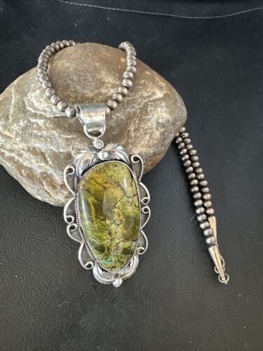 Navajo Green Turquoise Pendant Necklace | Sterling Silver Beads | Authentic Native American Handmade | 14852