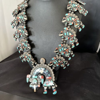XXL Turquoise Onyx Kokopelli Inlay Squash Blossom Necklace | Sterling Silver | 16177 - Masha USA