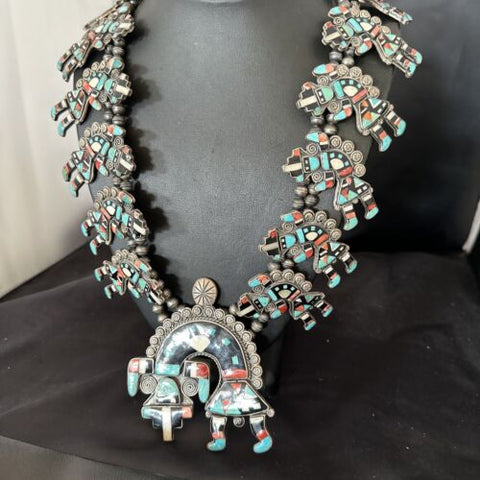 XXL Turquoise Onyx Kokopelli Inlay Sterling Silver Squash Necklace 16177