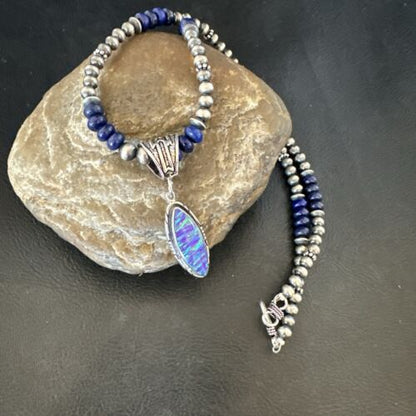 Navajo Lapis Purple Opal Pendant Necklace | Sterling Silver | 20" | Authentic Native American Handmade | 17551