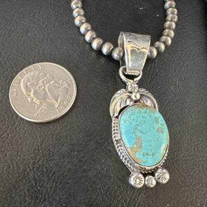 Navajo Blue Turquoise #8 Pendant | Sterling Silver Necklace with Pearls | Authentic Native American Handmade | 15444