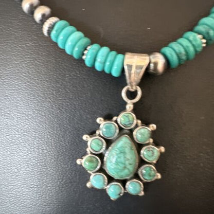 Navajo Blue Turquoise Cluster Pendant Necklace | Sterling Silver | Native American Handmade | 15815