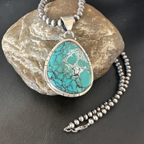 Men's Navajo Blue Spiderweb Turquoise Pendant Necklace | Sterling Silver | Authentic Native American Handmade | 16203