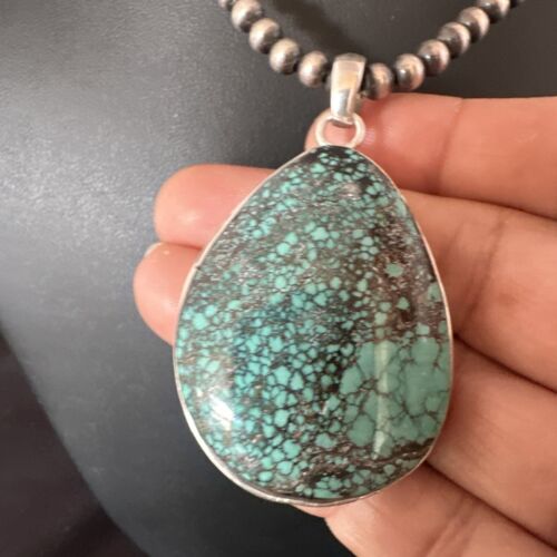 Men's Navajo Blue Spiderweb Turquoise Pendant Necklace | Sterling Silver | Authentic Native American Handmade | 16208