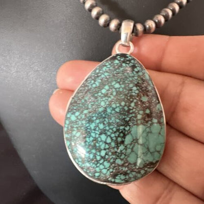 Men's Navajo Blue Spiderweb Turquoise Pendant Necklace | Sterling Silver | Authentic Native American Handmade | 16208
