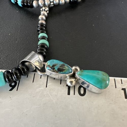 Navajo Men's Blue Turquoise Pendant with Pearls | Sterling Silver Onyx Necklace | Native American Handmade | 13203