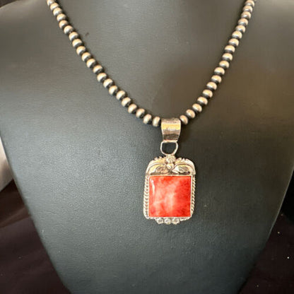 Navajo Red Spiny Oyster Pendant Necklace | Sterling Silver | Authentic Native American Handmade | 16147