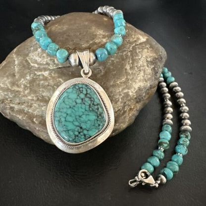 Men's Blue Spiderweb Turquoise Pendant Necklace | Navajo Sterling Silver | Authentic Native American Handmade | 17085