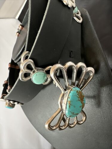 Men's Blue Kingman Turquoise Concho Belt | Sterling Silver Navajo Tufa | Authentic Native American Handmade | 16788
