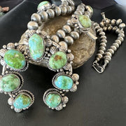 Navajo Green Sonoran Gold Turquoise Squash Blossom Necklace Pendant | Sterling Silver | Native American Handmade | 16546