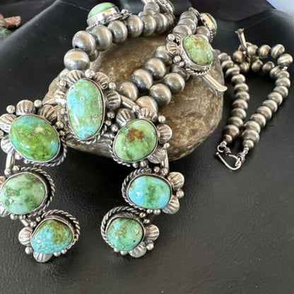 Navajo Green Sonoran Gold Turquoise Squash Blossom Necklace Pendant | Sterling Silver | Native American Handmade | 16546
