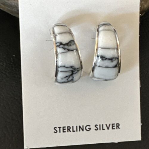 Navajo White Buffalo Turquoise Inlay Earrings | Sterling Silver | 0.5" | 16742