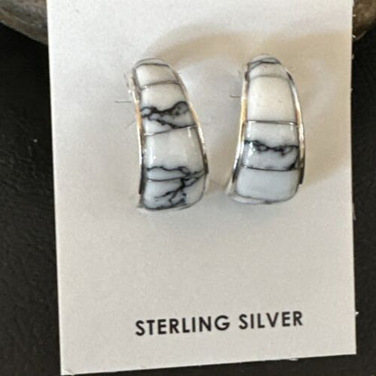 Navajo White Buffalo Turquoise Inlay Earrings | Sterling Silver | 0.5" | 16742