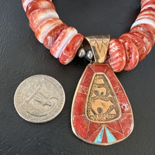 Navajo Red Spiny Oyster Pendant Necklace | Sterling Silver | Brass Inlay | Authentic Native American Handmade | 15789