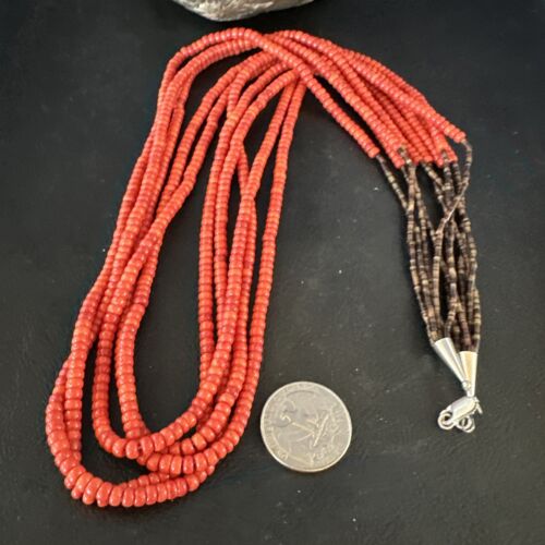 Navajo Red Spiny Oyster Shell Necklace | 5 Strand | Sterling Silver | 26" | Authentic Native American Handmade | 15530