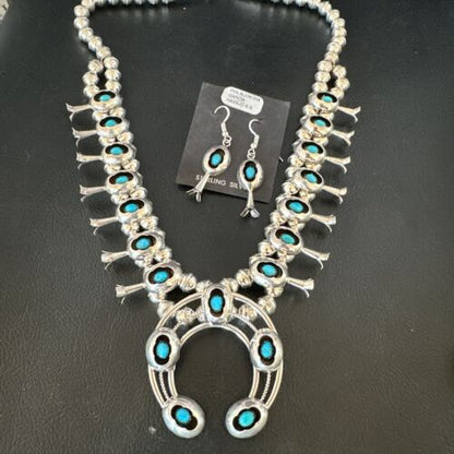 Navajo Kingman Turquoise Shadowbox Squash Blossom Necklace | Sterling Silver | 16090