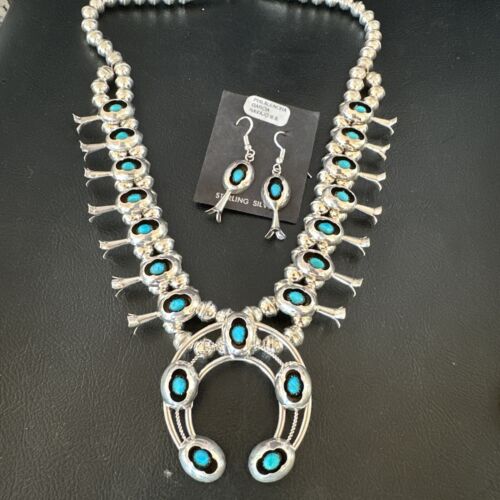 Navajo Kingman Turquoise Shadowbox Squash Blossom Necklace | Sterling Silver | Authentic Native American Handmade | 16088