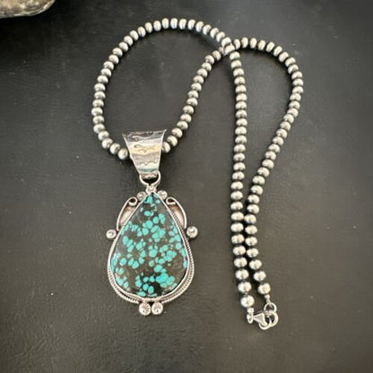 Men's Spiderweb Turquoise Pendant | Navajo Pearls Sterling Silver Necklace | Authentic Native American Handmade | 17067