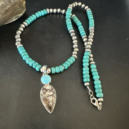 Navajo Wild Horse | Blue Kingman Turquoise Pendant Necklace | Sterling Silver | Authentic Native American Handmade | 17574