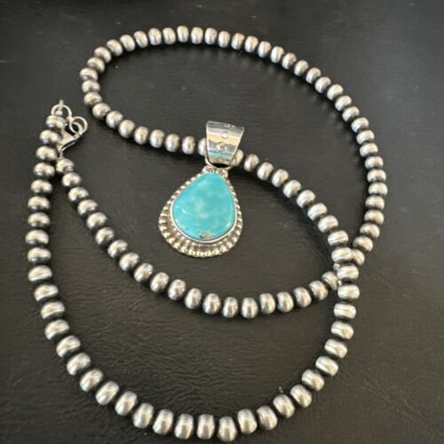 Navajo Pearls Kingman Turquoise Pendant Necklace | Sterling Silver | Native American Handmade | 17135