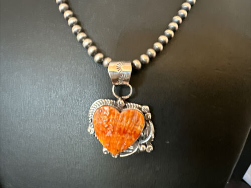 Navajo Orange Spiny Oyster Heart Pendant Necklace | Sterling Silver | Authentic Native American Handmade | 16422