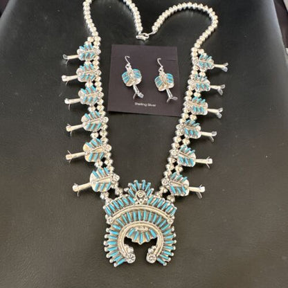 Zuni Turquoise Squash Blossom Necklace with Naja Earrings | Sterling Silver Needlepoint | 16540
