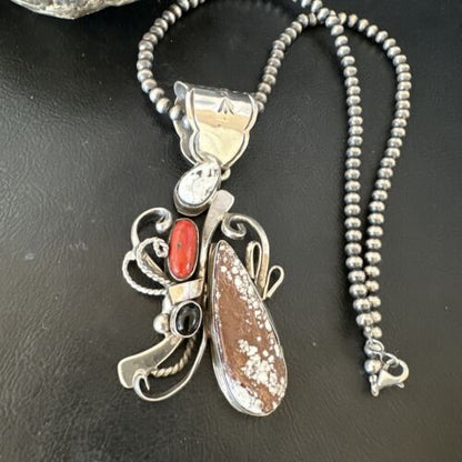Navajo Sterling Silver Coral Wild Horse Necklace Pendant | Multi-Stone | Authentic Native American Handmade | 15946