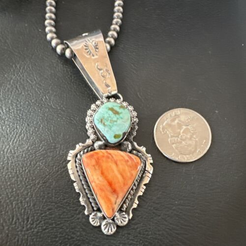 Navajo Green Royston Turquoise | Spiny Pendant Necklace | Sterling Silver | Native American Handmade | 17013