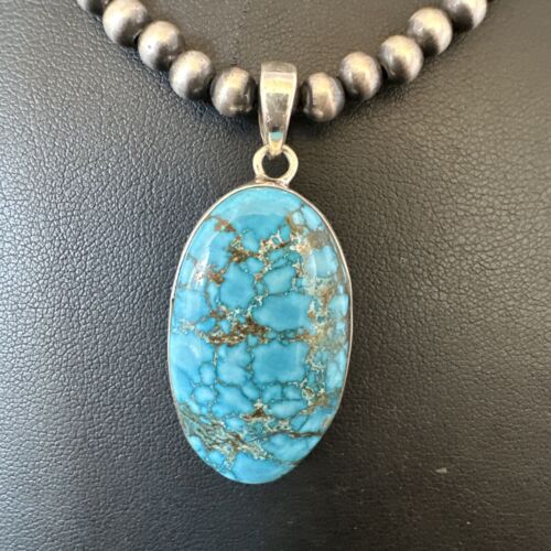 Men's Navajo Blue Spiderweb Turquoise Pendant Necklace | Sterling Silver | Authentic Native American Handmade | 16301