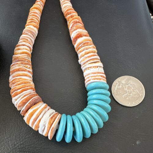 Navajo Sterling Silver Blue Turquoise & Spiny Oyster Graduated Necklace | Authentic Native American | 20" | 16903