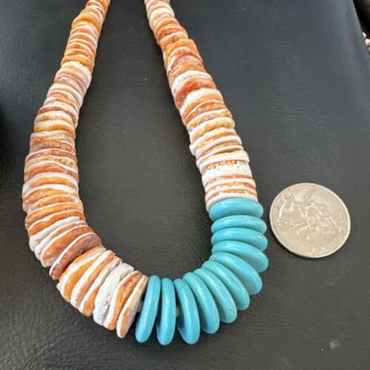 Navajo Sterling Silver Blue Turquoise & Spiny Oyster Graduated Necklace | Authentic Native American | 20" | 16903