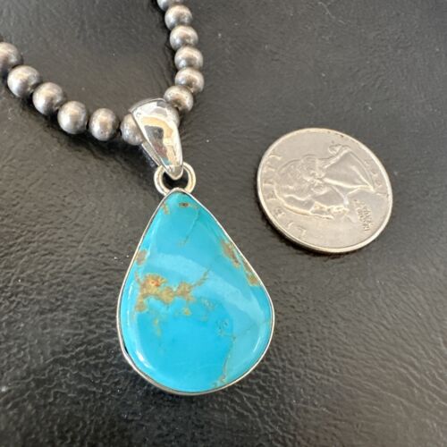 Navajo Blue Kingman Turquoise Pendant Necklace | Sterling Silver | 20" | Authentic Native American Handmade | 16674