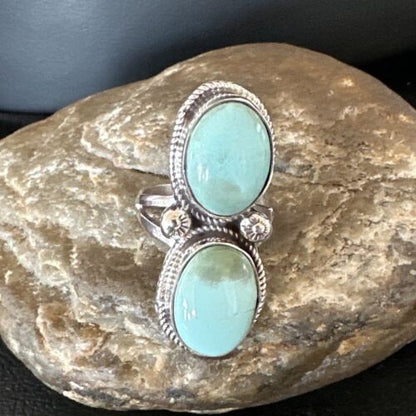Navajo Blue Dry Creek Turquoise 2 Stone Ring | Authentic Native American Sterling Silver | Multi-Stone | Sz 9 | 16736