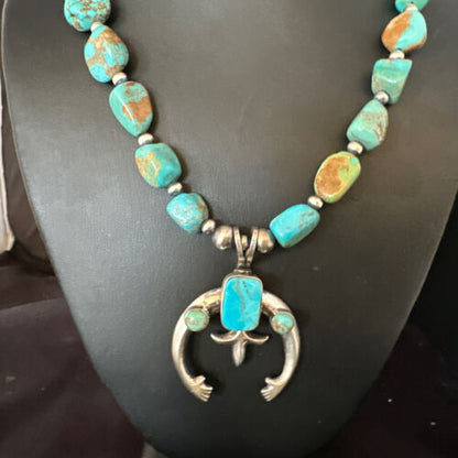 Navajo Blue Turquoise Naja Pendant Necklace | Sterling Silver | Authentic Native American Handmade | 15205