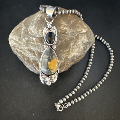 Men's Navajo Pearls Onyx Bumblebee Jasper Pendant | Sterling Silver | Multi-Stone Necklace | 15414