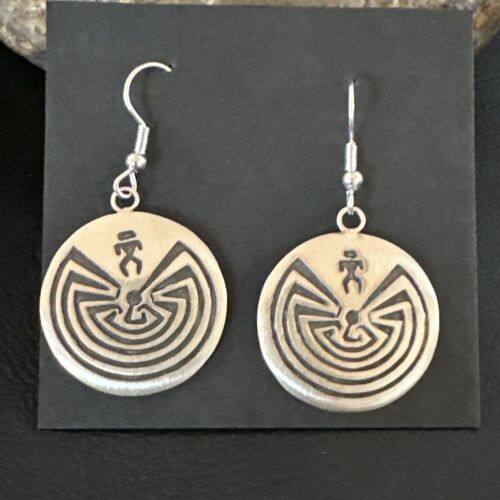 Hopi Man in the Maze Dangle Earrings | Sterling Silver | Authentic Native American Handmade | 16842