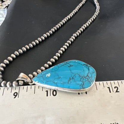 Men's Navajo Blue Spiderweb Turquoise Pendant Necklace | Sterling Silver | Authentic Native American Handmade | 16207