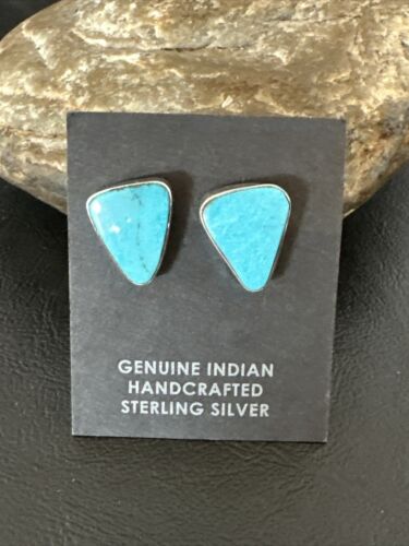 Navajo Blue Kingman Turquoise Post Stud Earrings | Sterling Silver | Authentic Native American Handmade | 17471