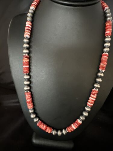 Navajo Pearls Red Spiny Oyster Necklace | 8mm Sterling Silver | Authentic Native American Handmade | 22" | 14850