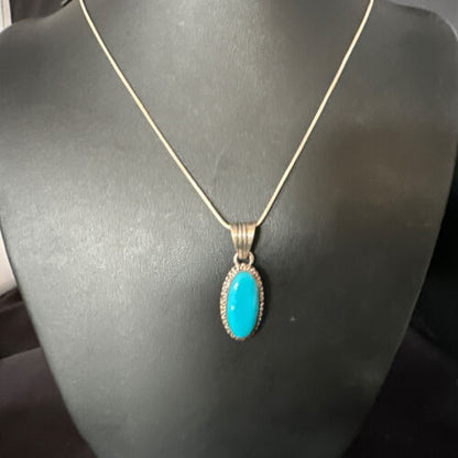 Navajo Blue Turquoise Pendant Necklace | Sterling Silver Chain | Authentic Native American Handmade | 20" | 12601