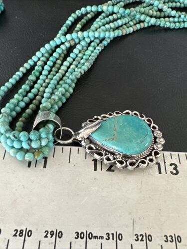 Blue Turquoise Pendant | Navajo Pearls | Sterling Silver Bead Necklace 17" | Multi-Strand | 15993